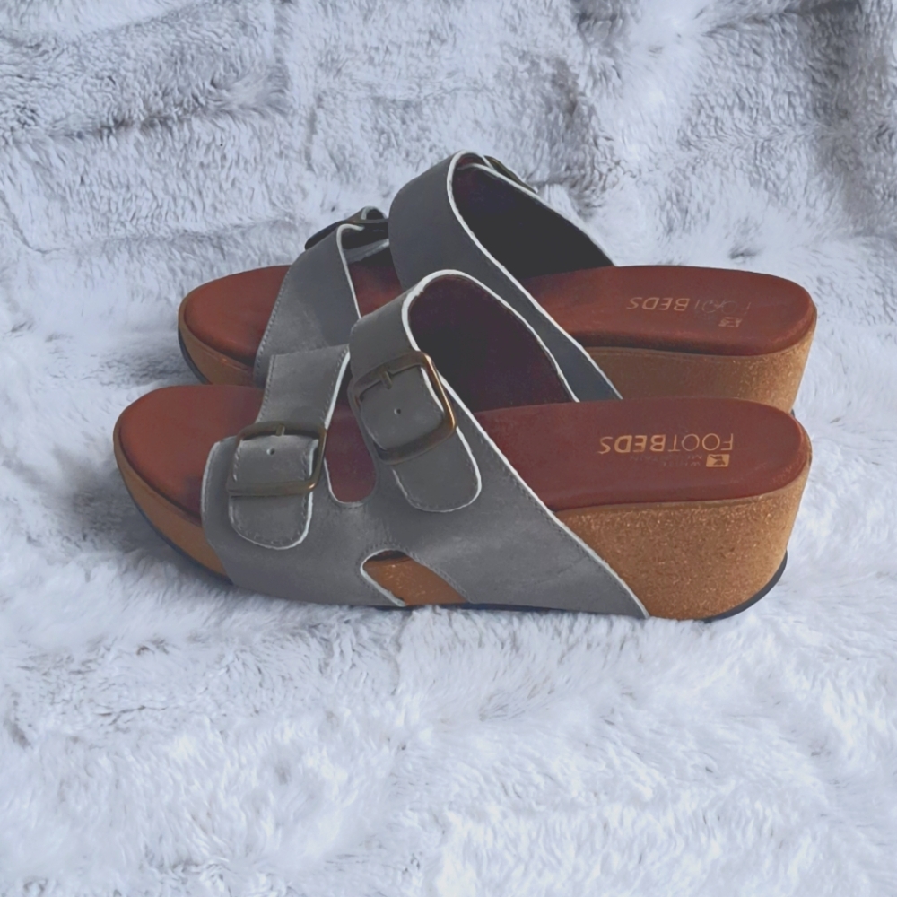 White Mountain Footbeds platform cork leather blue chandler slip on shoe. Sz 9.